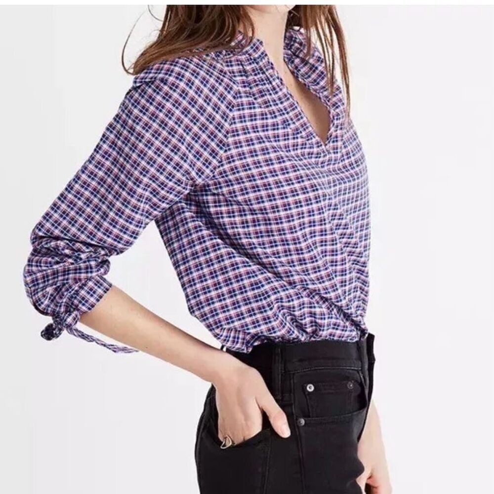 Madewell Whitby Plaid Tie Sleeve Popover Cotton Linen Top Women Size XS G1412